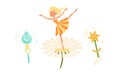 Fairy Magic Wands and Beautiful Fairy Girl with Wings Dancing on Flower Cartoon Vector Illustration Royalty Free Stock Photo