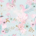 Fairy magical garden. Beautiful Unicorn seamless pattern, pink, blue, gold flowers, leaves , birds and clouds. Kids room wallpaper