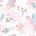 Fairy magical garden. Unicorn seamless pattern, pink, blue, gold flowers, leaves , birds and clouds. Kids room wallpaper