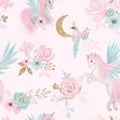 Fairy magical garden. Unicorn seamless pattern, pink, blue, gold flowers, leaves , birds and clouds. Kids room wallpaper