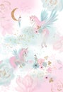 Fairy magical garden. seamless pattern, pink, blue, gold flowers, leaves , birds and clouds. Kids room wallpaper