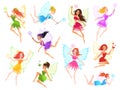 Fairy. Magical little fairies in different color dresses with wings, mythological winged flying fairytale characters for