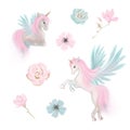 Fairy magical unicorns. pink, blue, gold flowers, Kids room wallpaper