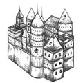 Fairy medieval castle. Vintage black and white hand drawn vector