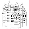 Fairy medieval castle. Vintage black and white hand drawn vector illustration