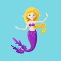 Fairy mermaid with purple tail. Cute dancing mermaid. Vector illustration. Royalty Free Stock Photo