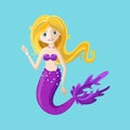 Fairy mermaid with purple tail. Mermaid waving hi. Vector illustration.