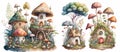 Fairy mushroom house, cartoon fairytale tiny forest house. Isolated on background. Cartoon watercolor illustration. Generative AI Royalty Free Stock Photo