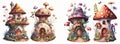 Fairy mushroom house, cartoon fairytale tiny forest house. Isolated on background. Cartoon watercolor illustration. Generative AI Royalty Free Stock Photo