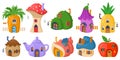 Fairy mushroom house, cartoon fairytale tiny forest house. Fairytale plants, gnomes or hobbit houses vector illustration