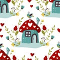 Fairy mushroom house, vector seamless pattern Royalty Free Stock Photo