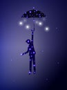 Fairy night comming, put the star on the night sky, shiny silhouette of man with umbrella and bulb, houlding the star Royalty Free Stock Photo