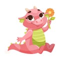 Fairy Pink Baby Dragon as Horned Legendary Creature Sit with Flower Vector Illustration Royalty Free Stock Photo