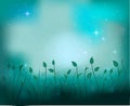 Fairy plant glade silhouette at night, fireflies in the summer dream background, vector,