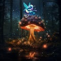 Fairy play guitar on glowing mushroom in magical forest Royalty Free Stock Photo