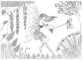 Fairy is playing with bird in the forest design for coloring book for adult- stock