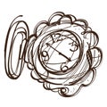 Fairy pocket watch black and white outline of a sketch. Illustration to the fairy tale Alice`s Adventures in Wonderland Royalty Free Stock Photo