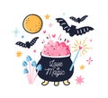 Fairy pot with boiled love potion decorated by doodle design elements vector flat illustration. Colorful sorcery