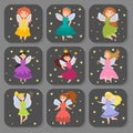 Fairy princess adorable characters cards imagination beauty angel girls with wings vector illustration.