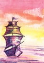 Fairy sailing ship sails on a calm sunset sea. Romantic watercolor illustration. Hand-drawn on paper Royalty Free Stock Photo
