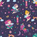 Fairy seamless pattern. Child tale characters, print with fairies, castle and flowers. Cute magic dolls, sweet girls