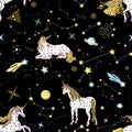 Fairy seamless pattern. Cosmic travel with starry unicorns on black background. Vector illustration for girls and kids