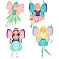 Fairy set. Beautiful girl in fying fairy costumes. Winged elf princesses in cartoon style Royalty Free Stock Photo