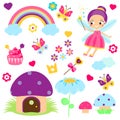 Fairy set. Collection of cartoon fairy tale design elements. Rainbow, mushroom house, forest symbols. Stickers, clip art for girls