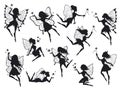 Fairy silhouettes. Magical fairies with wings, mythological winged flying fairytale characters print design outline Royalty Free Stock Photo