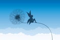 fairy sits on a dandelion on blue sky silhouette Royalty Free Stock Photo