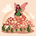 Fairy sitting in mushrooms Fantasy character Vector