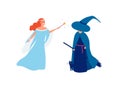 Fairy and sorceress flat vector illustration. Young smiling girl with magic stick and angry witch cartoon characters