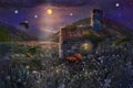 Fairy stone house with nests on roof and pond with frogs in magical forest of starry night with bright moon in sky Royalty Free Stock Photo