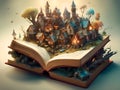 fairy story coming to life on the pages of a magical open book with a fantasy village Royalty Free Stock Photo