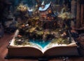 story coming to life on the pages of a magical open book with a an old wooden house with steps to a pond