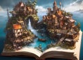 fairy story coming to life on the pages of a magical open book with a seaside pirate town Royalty Free Stock Photo