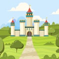 Fairy tale background with castle. Majestic building palace with towers vector medieval castle on green field Royalty Free Stock Photo