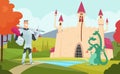 Fairy tale background. Outdoor fantasy landscape with funny magical characters vector cartoon world Royalty Free Stock Photo