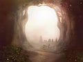 Fairy tale background trees forrest sun dust landscape Royalty Free Stock Photo