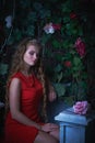 Fairy tale. Beautiful princess in red dress sitting in a mystical garden Royalty Free Stock Photo