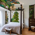 Fairy Tale Bedroom: A fairytale-inspired bedroom with a four-poster canopy bed, twinkling string lights, and whimsical murals de