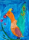 Fairy tale bird gouache and watercolor painting made by a child