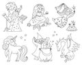 Fairy tale black and white characters collection. Vector line set with fantasy witch, unicorn, dragon, fairy, magician, mermaid, Royalty Free Stock Photo