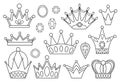 Fairy tale black and white crowns collection. Vector line set with fantasy king or queen accessories. Sovereign authority symbols