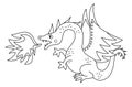 Fairy tale black and white dragon breathing out fire isolated on white background. Vector line fantasy animal. Medieval fairytale