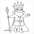 Fairy tale black and white king with scepter. Vector line fantasy monarch in crown and mantle. Medieval fairytale prince character