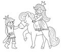 Fairy tale black and white prince with princess on a horse. Vector fantasy young line monarch in crown with girl. Medieval