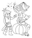 Fairy tale black and white prince with fairy, pumpkin, lost shoe, mouse. Vector line fantasy young monarch icon. Medieval Royalty Free Stock Photo