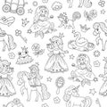 Fairy tale black and white princess seamless pattern. Repeat line background with fantasy girl, carriage, mermaid, unicorn frog Royalty Free Stock Photo