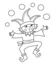 Fairy tale black and white vector buffoon. Fantasy line juggler in funny hat. Fairytale court yard character. Cartoon magic clown